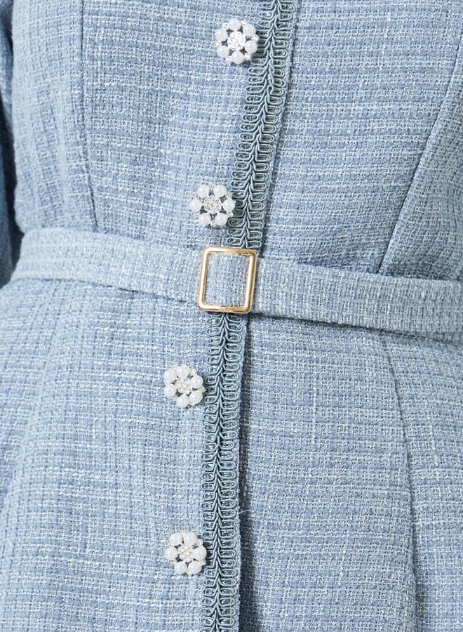 Styli Women Blue Tweed Midi Dress with Belt - Image 3